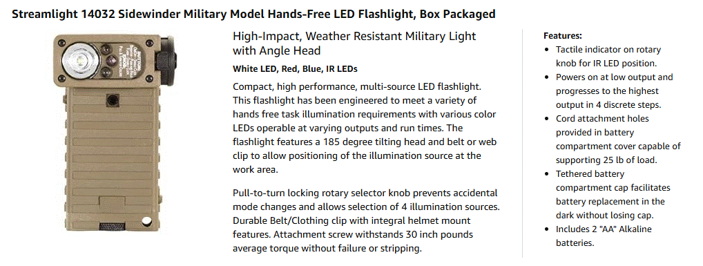 Streamlight (14032) Sidewinder 55-Lumen Military Tactical Flashlight with Articulating Head and Batteries, Coyote