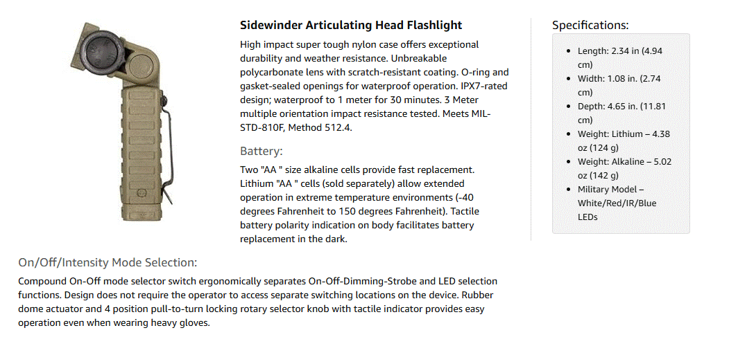 Streamlight (14032) Sidewinder 55-Lumen Military Tactical Flashlight with Articulating Head and Batteries, Coyote